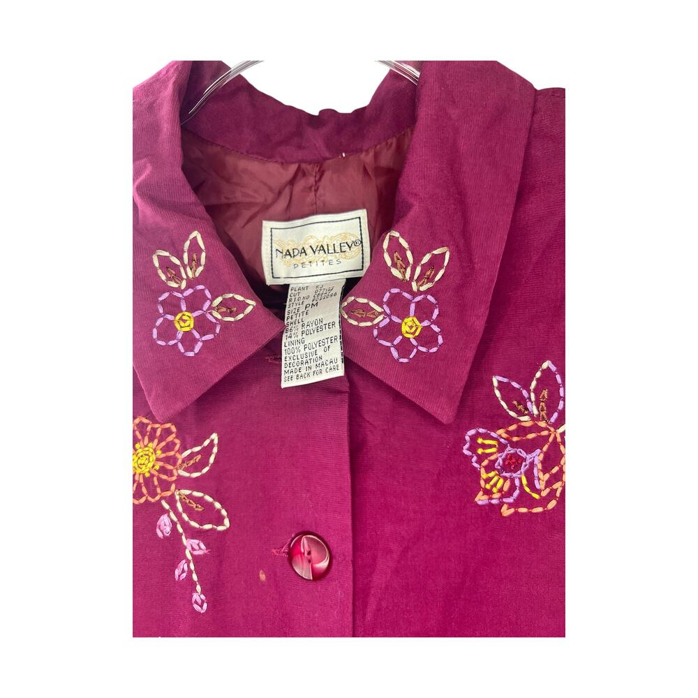 Vintage 90s Embroidered Rayon Blazer Top Burgundy Petite Medium Romance Boho - Picture 4 of 4